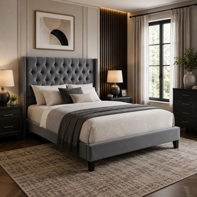 Yuko Full Platform Bed, Nailed Wingback, Gray Velvet Upholstery, Brown