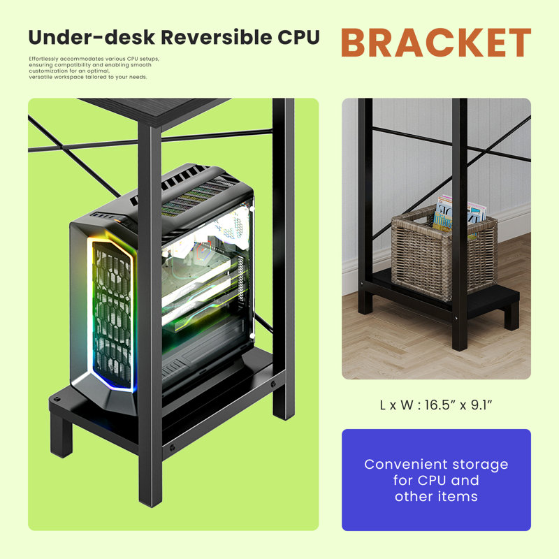 L-Shaped Computer Desk with Desk Monitor Stand and Side Storage Bag, Black