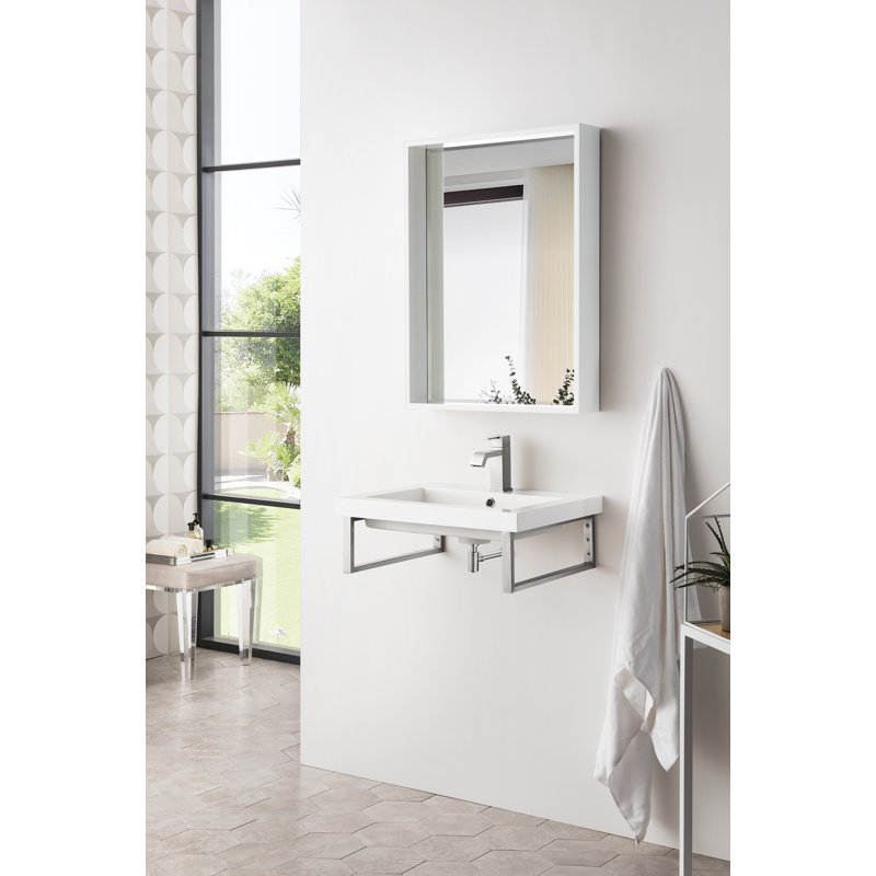 Boston Glossy White Resin Rectangular Wall Mount Bathroom Sink with Overflow, Radiant Gold