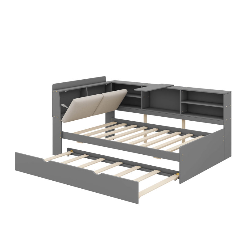 Practical Platform Bed With Pull Out Trundle Shelving Units And Storage Headboard, Grey