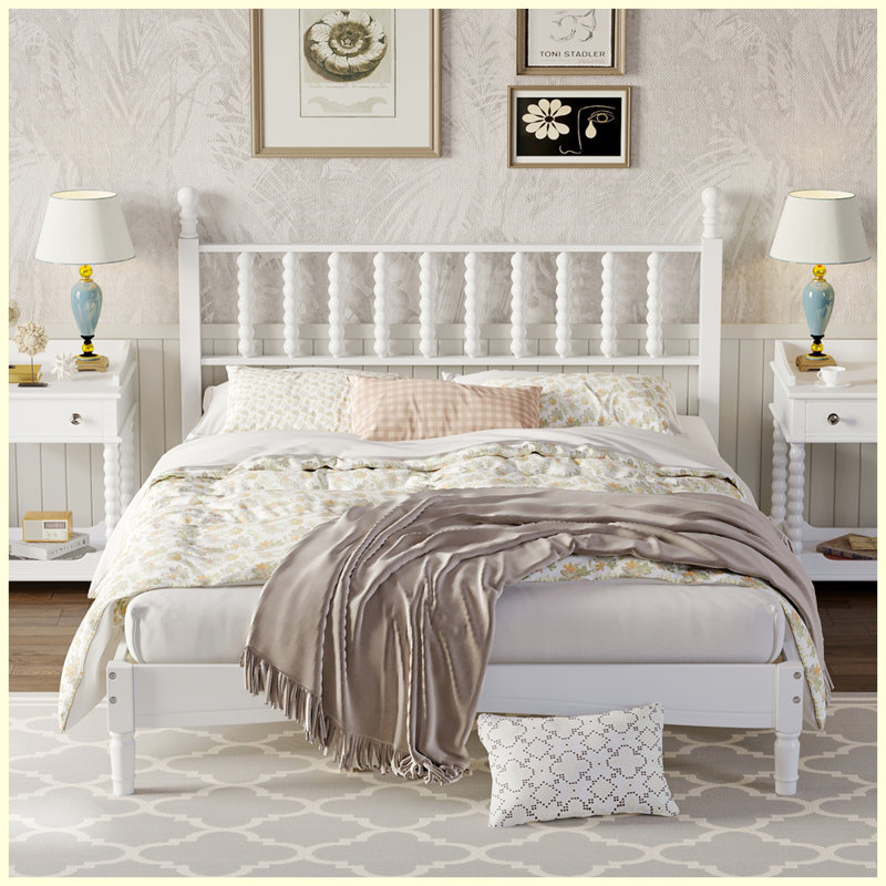 Queen Size Wood Platform Bed with Gourd Shaped Headboard,Retro Style Platform Bed with Wooden Slat Support, White