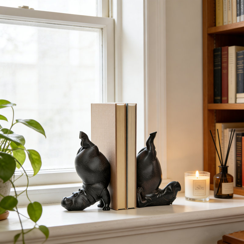 Resin Hippo Bookend - Decorative Book Holder For Bookshelf, Desk, Office & Home Decor（Set Of 2）