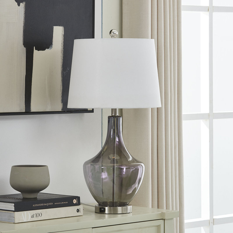 26" Smoked Glass Table Lamp with White Linen Shade 3-Way Dimmable for Bedroom and Living Room