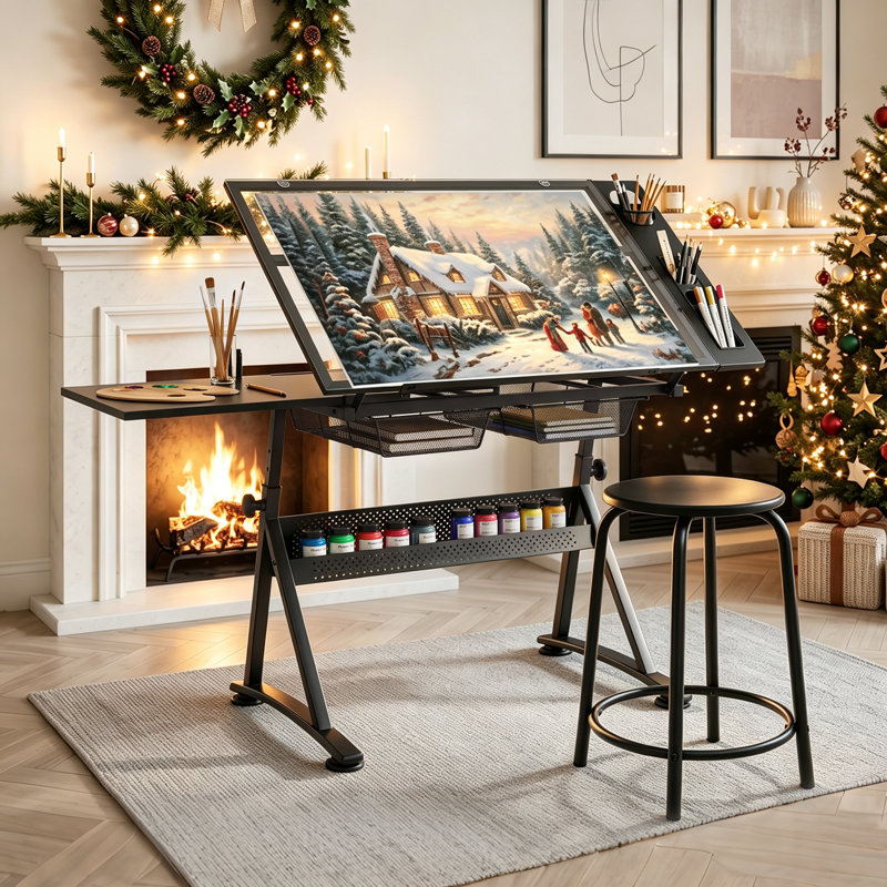 Table à dessin avec tabouret, bureau de travail à hauteur réglable avec poste de travail et plateau en verre inclinable et 2 tiroirs
