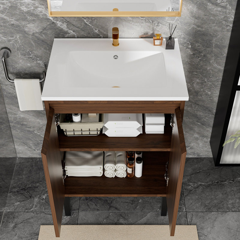 Meuble-lavabo de 61 cm (24 po) avec lavabo blanc, conception 2 en 1 (sur pied ou murale), portes à fermeture douce, élégant fini chêne, grands tiroirs de rangement, construction en panneaux multicouches pour une durabilité accrue.