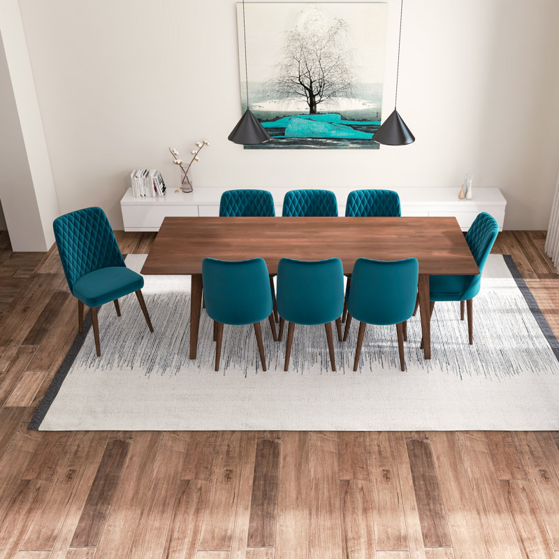 Annabelle 9-Piece Mid-Century Rectangular Dining Set w/ 8 Velvet Dining Chairs, Teal