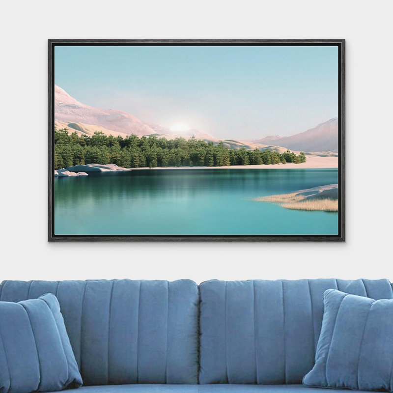 «Pastel Mountain Forest», bleu sarcelle, vue sur toile, Cadre noir, H 16 po x l 24 po x P 1,5 po