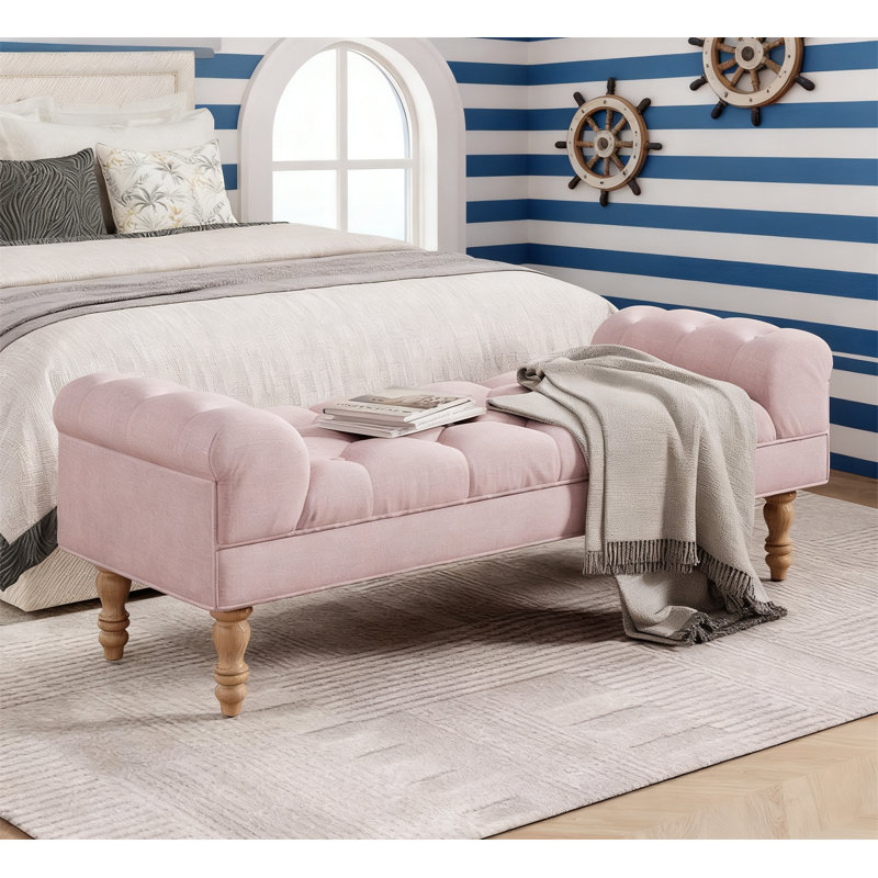 Button-Tufted End of Bed Bench, Pink, Natural