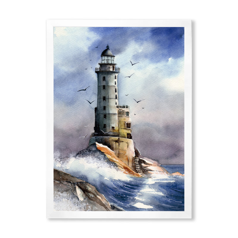 Phare Abandonné avec Mouettes - Peinture sur toile, H 32 po x l 24 po, Toile blanche avec cadre d'angle fermé