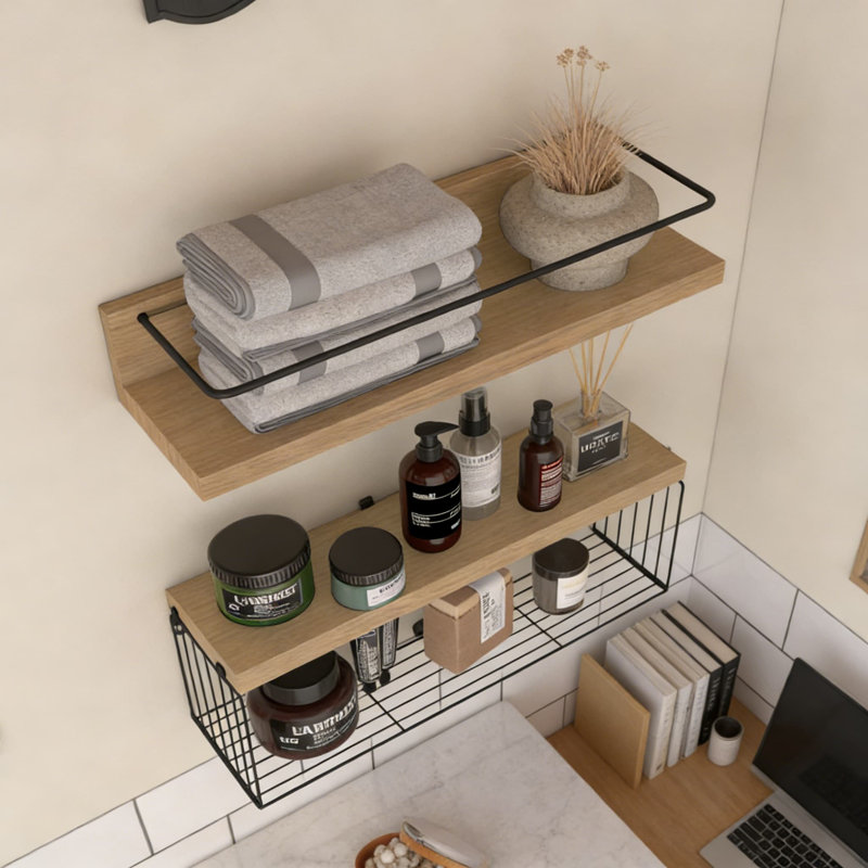 Ensemble de tablettes murales flottantes avec panier de rangement et porte-serviettes, tablettes multifonctionnelles pour la salle de bain, la cuisine, le salon, la chambre à coucher et la salle de classe
