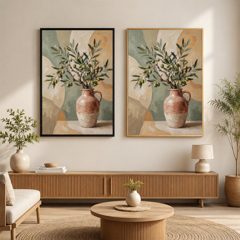 "Olive Branch", vase en terre cuite texturé, art mural sur toile avec cadre flottant, prêt à être accroché, 8x12in, Brown