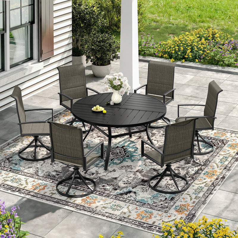 6-Person Outdoor Round Dining Set With Padded Swivel Chair, Noir / brun