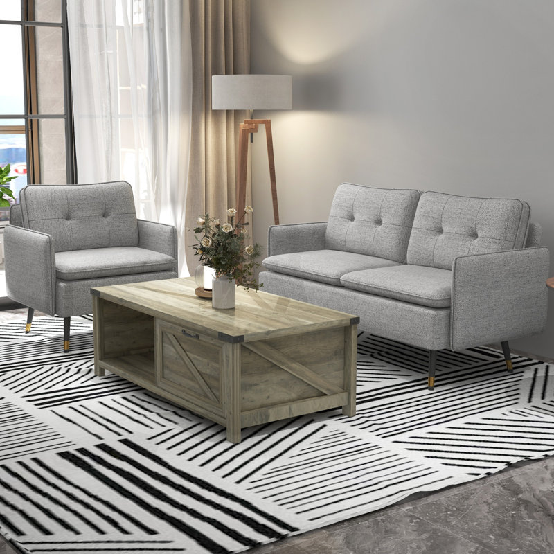 Farmhouse Coffee Table with Drawer and Storage Shelf for Living Room, Gray/Oak, Gray/Oak