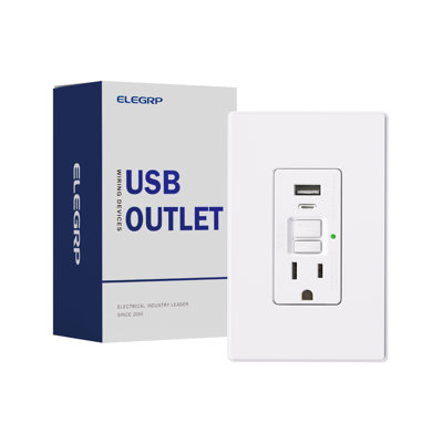 GFCI USB COMBO- 15 Amp GFCI Outlet And 24W In-Wall USB Charger Combo Receptacle, Type A And Type C,  4.8A Of Charging Power, UL And CUL Certified, Midsize Wall Plate Included, (1-Pack)