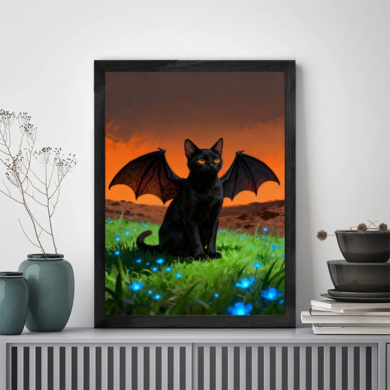 Noir encadré rétro Une merveilleuse nouvelle espèce combinant des chauves-souris et des chats, art mural de style rétro
