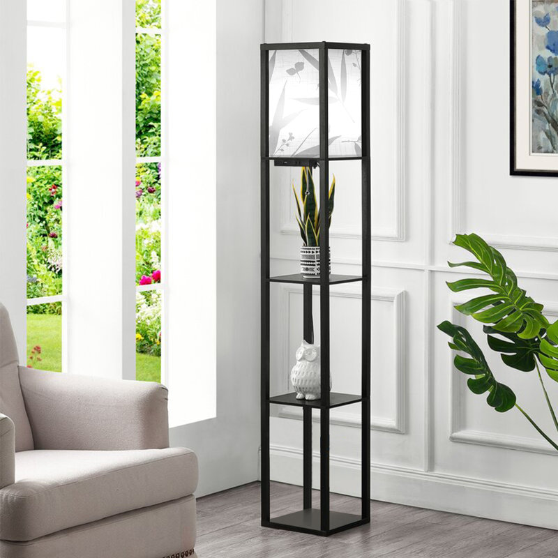 Lampe sur pied à colonne 63,7 "à intensité variable avec tablettes et télécommande et station de charge USB Jarold, Noir