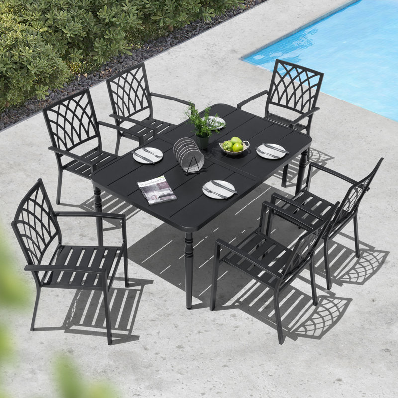 Ensemble repas de patio en métal avec 6 chaises empilables et trou pour parasol, Noir