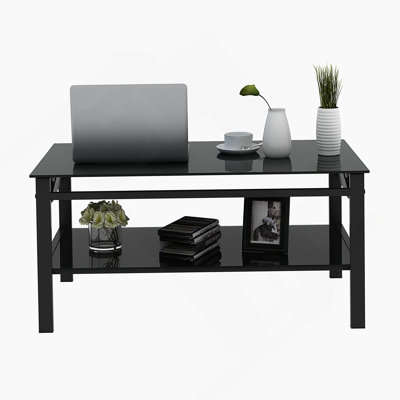 Rectangular Coffee Table With Glass Table Topand Shelf by Ebern Designs