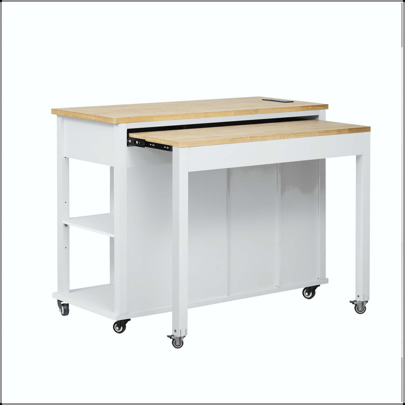 47" Kitchen Island with Extendable Dining Table, Internal Racks, and Power Outlet – White, White