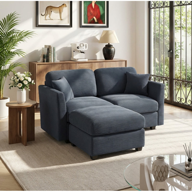 Virgus 62'' Upholstered Corduroy Loveseat With Ottoman, Gray Corduroy