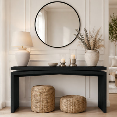 65" Farmhouse Console Table with Solid Wood Veneer for Entryway, Hallway, and Living Room, Black