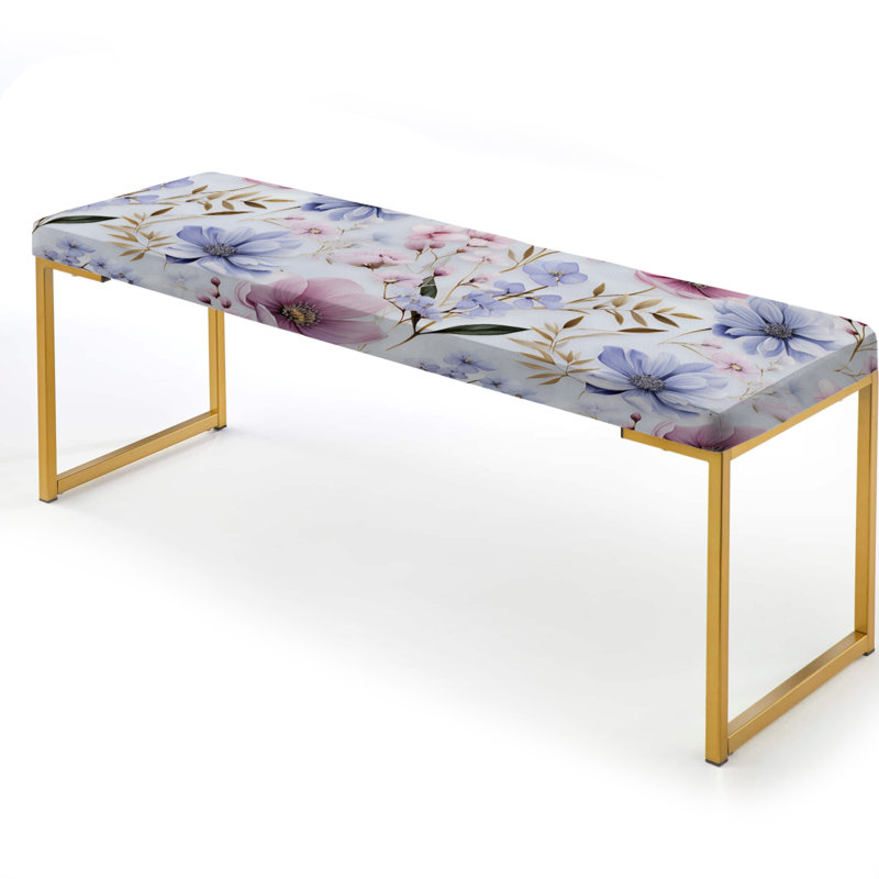 Upholstered Gold Bench, Purple And Pink Serene Watercolor Floral Canvas
