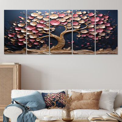 Orchidée rose et dorée, jardin de branches IV - arbre, art mural 5 pièces