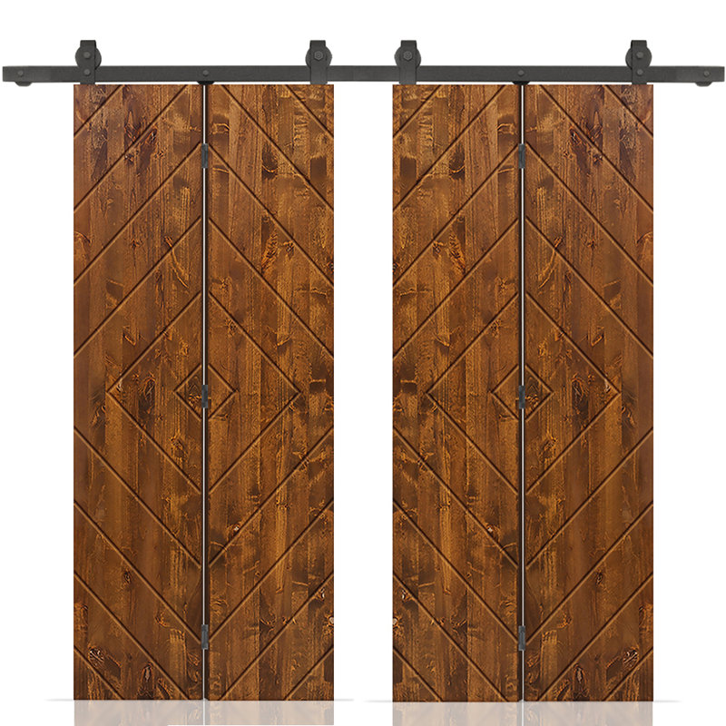 Porte de grange double pliante en bois de pin teinté avec quincaillerie coulissante, Noyer, 44 po x 84 po