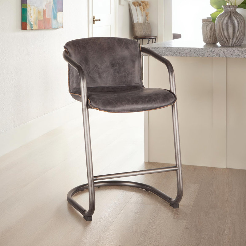 Darbonne Upholstered Counter Stool with Steel Frame, Antique Ebony Leather/ Vintage Bronze Frame