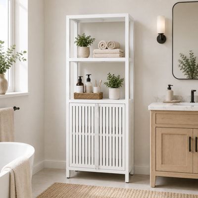 Solid Bamboo Storage Cabinet with Doors and Open Shelves