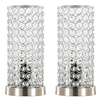 11" Crystal Uplight Accent Lamp with Chrome Metal and Clear Crystal Accents, Brushed Nickel Base, Set of 2, Clear