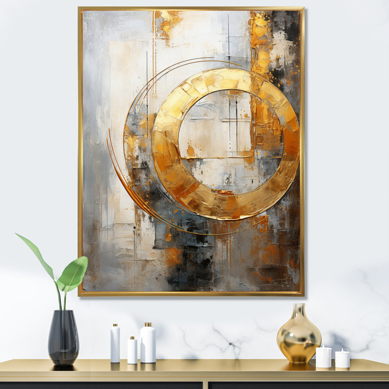 Fleurine, gris doré, géométrie brillante, sur toile, H 32 po x l 24 po x P 1 po, Cadre flottant doré