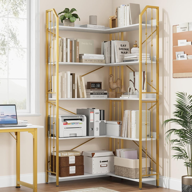 72" L Shaped Corner Bookshelf 5 Tier Industrial Bookcase Large Display Rack Shelf Beaded Design for Living Room Bedroom Storage