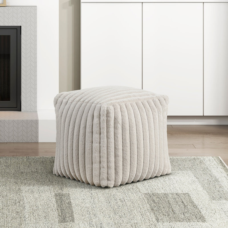 Square Pouf Plush Off-White Corduroy Fabric Upholstery Modern Ottoman, Footstool, Non-Slip Floor Pouf, Bean Bag Chair, 1Pc Sitting Pouf