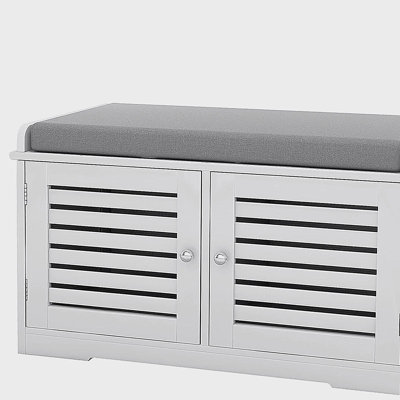 Banc de rangement pour chaussures avec coussin de siège rembourré, banc d'entrée avec 2 portes de grange