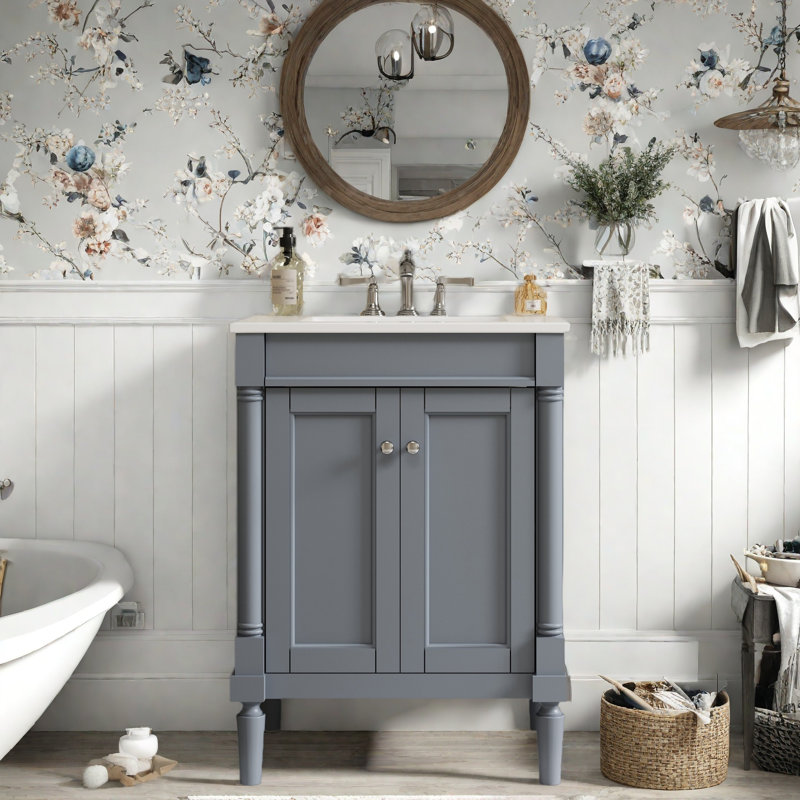 Meuble-lavabo 24 po avec lavabo supérieur, meuble de rangement moderne à 2 niveaux et meuble-lavabo simple