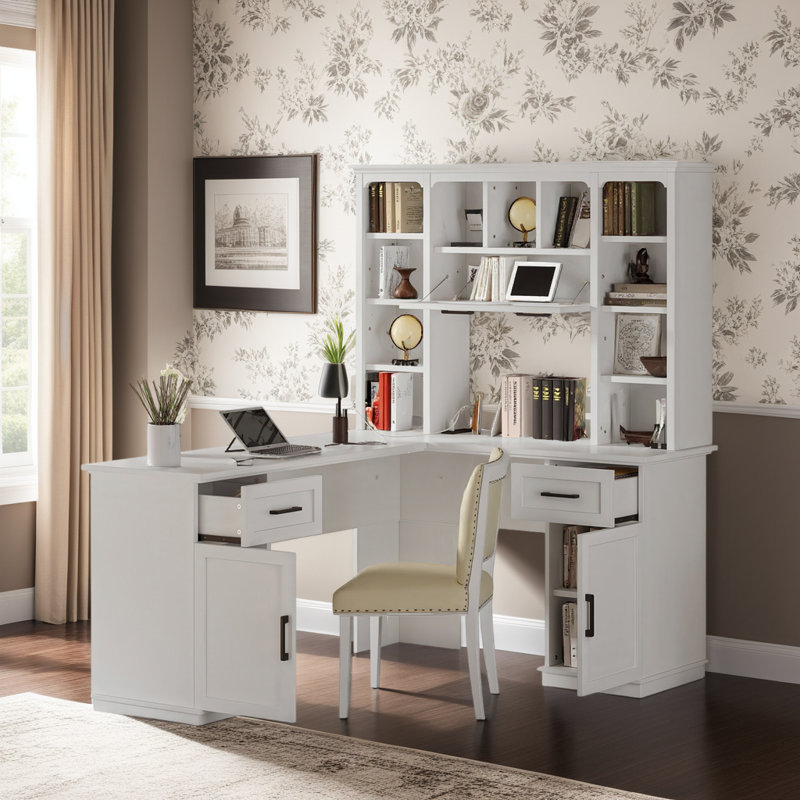 Bureau d'ordinateur en L 65 po avec tiroirs, tablettes et station de charge, Blanc