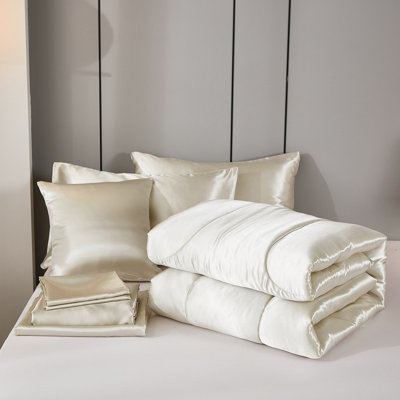 Ensemble d'édredon en satin avec draps pour lit très grand 8 pièces Satin Like Beige