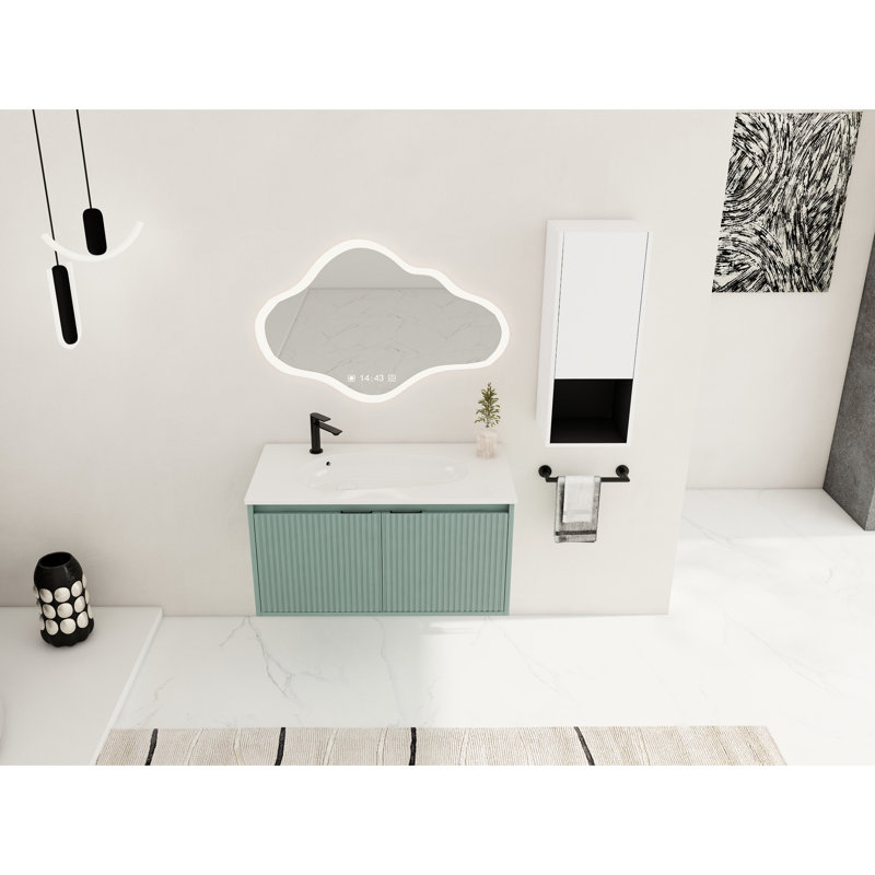 Meuble-lavabo de salle de bain 36 po avec lavabo en résine en forme de goutte et armoires latérales, blanc