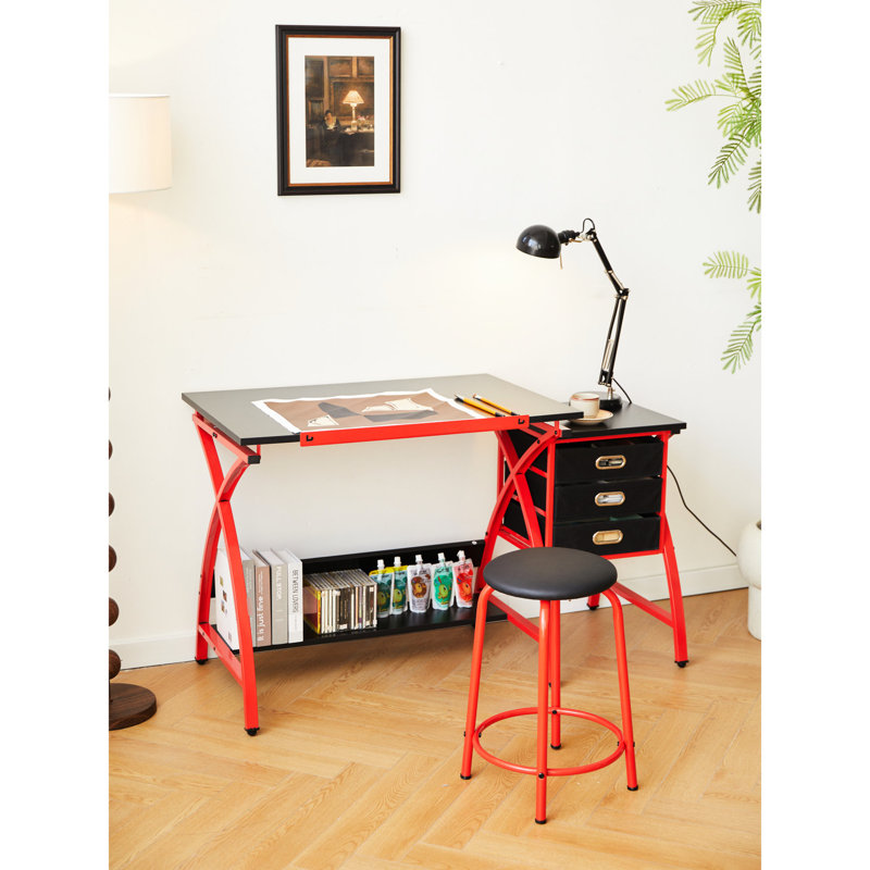 Table à dessin avec tabouret en rouge vermillon - espace de travail spacieux, 3 tiroirs de rangement, inclinaison réglable de 75 degrés, structure stable et rangement de tiroir non tissé, fabrication de bureau
