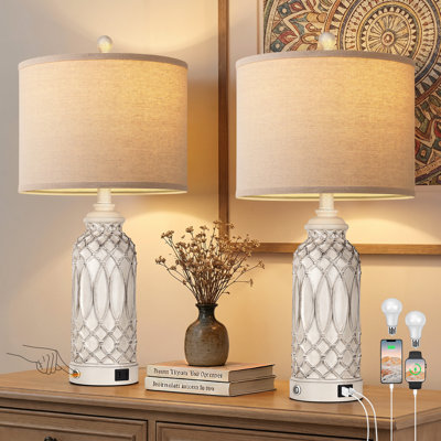 26.5" Farmhouse Resin Table Lamps, Touch Button Switch Beside Lamps with USB Ports for Living Room Bedroom Decor