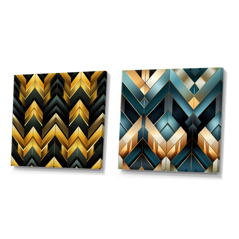 Ensemble de 2 collages carrés noirs et dorés à motif de chevrons glamour, Toile tendue, H 16 po x l 33 po