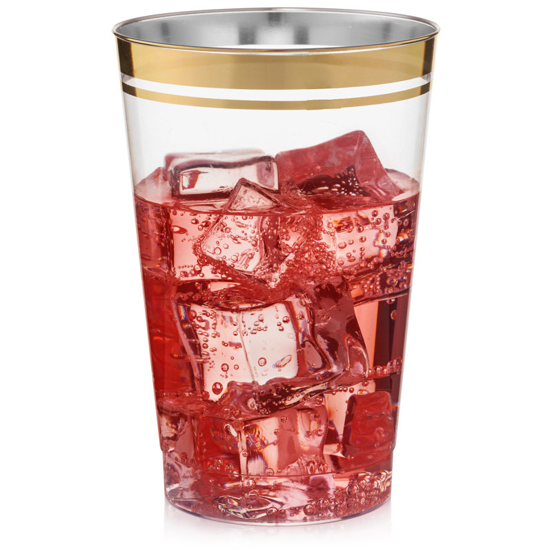 12 oz Clear Plastic Cups with Gold Rim, Set of 100