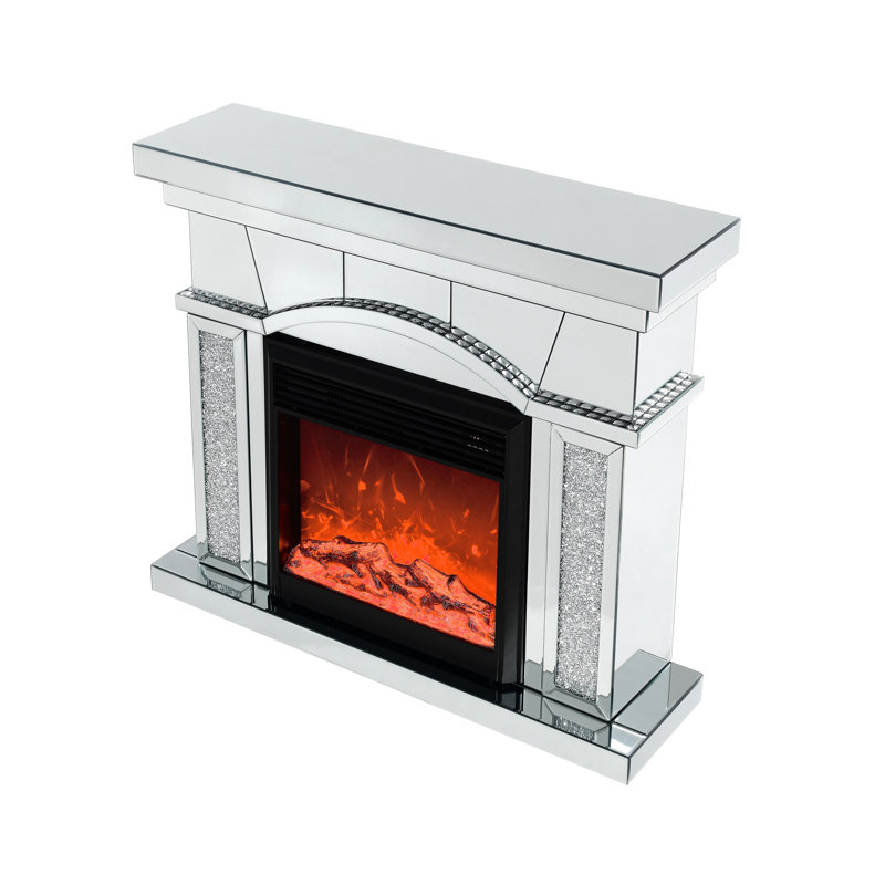 Artificial Crystals Fireplace, Electric 1500W Heating, 3D Flame Effect, Remote Control, Feature, Black Portable Unit For Living Room Fireplace With Acrylic Mirror, Led Flames, Adjustable Heat,