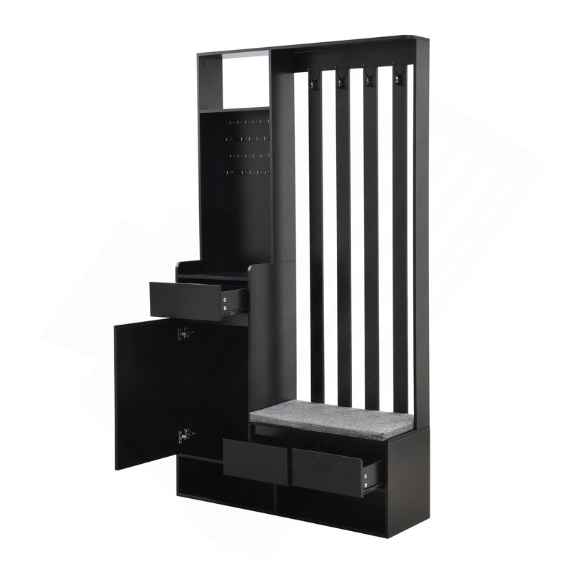 Rangement avec banc de rangement rembourré, armoire à chaussures multifonctionnelle avec panneau perforé, portemanteau moderne avec 4 crochets pour l'entrée, vestibule, noir