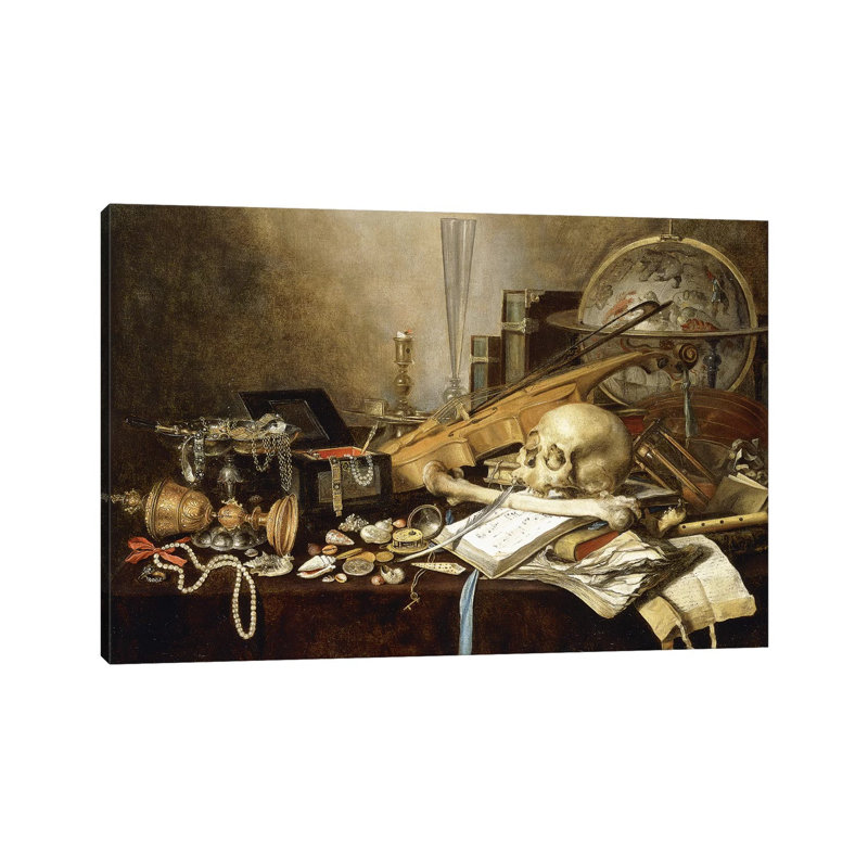A Vanitas Still Life (Instruments, Manuscripts, Goblet, Jewellery, Candlestick, Globe, Jewels, Shells, Bones & Hour-Glass, 1653 by Pieter Claesz - Wrapped Canvas Print