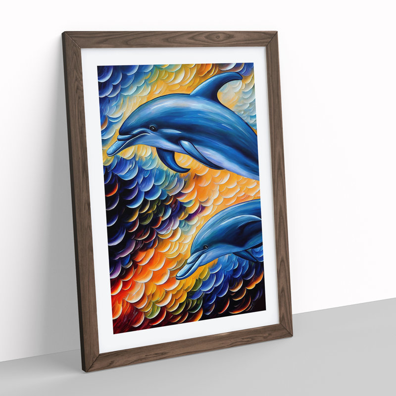Two Dolphin No.1 - Wall Art, Paper Walnut Framed, 34cm H x 25cm W x 2cm D