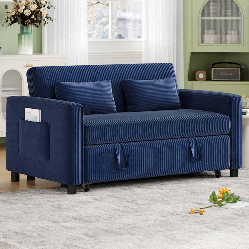 Corduroy Convertible Sofa Bed, Multifunctional Pull-Out Sleeper Couch with Side Pocket for Living Room & Guest Room(Blue)