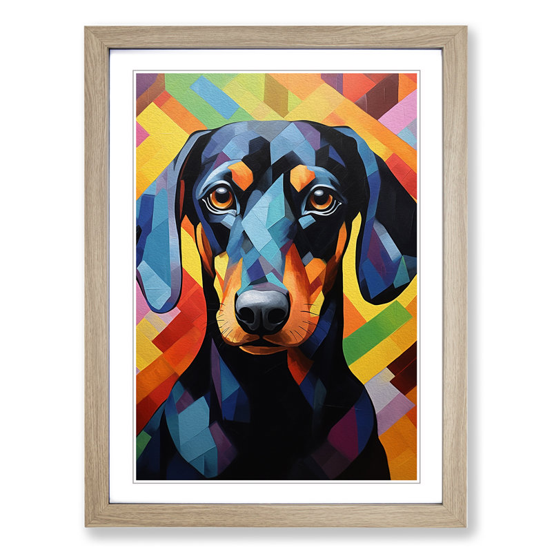 Dachshund Hard Edge - Single Picture Frame Print on Wood, Oak, 64cm H x 46cm W x 2cm D