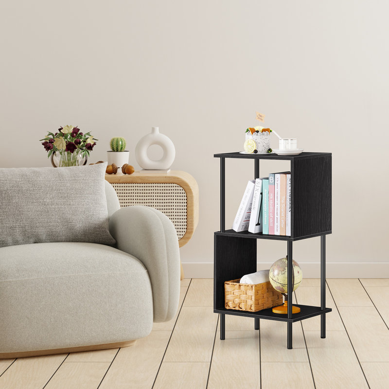 Table de bout à 3 niveaux en forme de S, table d'appoint moderne noire avec tablettes de rangement ouvertes pour le salon, la chambre à coucher et le bureau